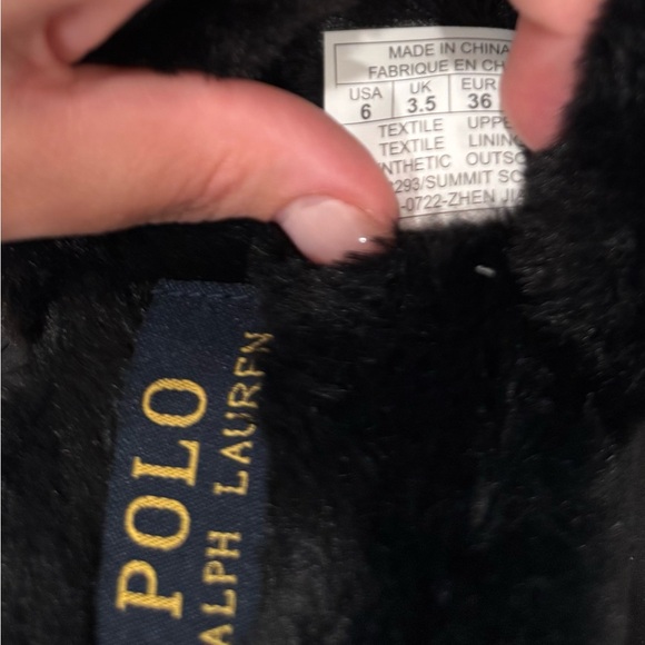 Ralph Lauren Black Faux-Fur Mule Slippers with Polo Logo - Picture 4 of 4